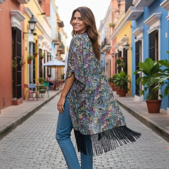 LuLaRoe Tops - LuLaRoe Monroe Kimono - Multi Color Paisley Fringe Open Front NWT‎